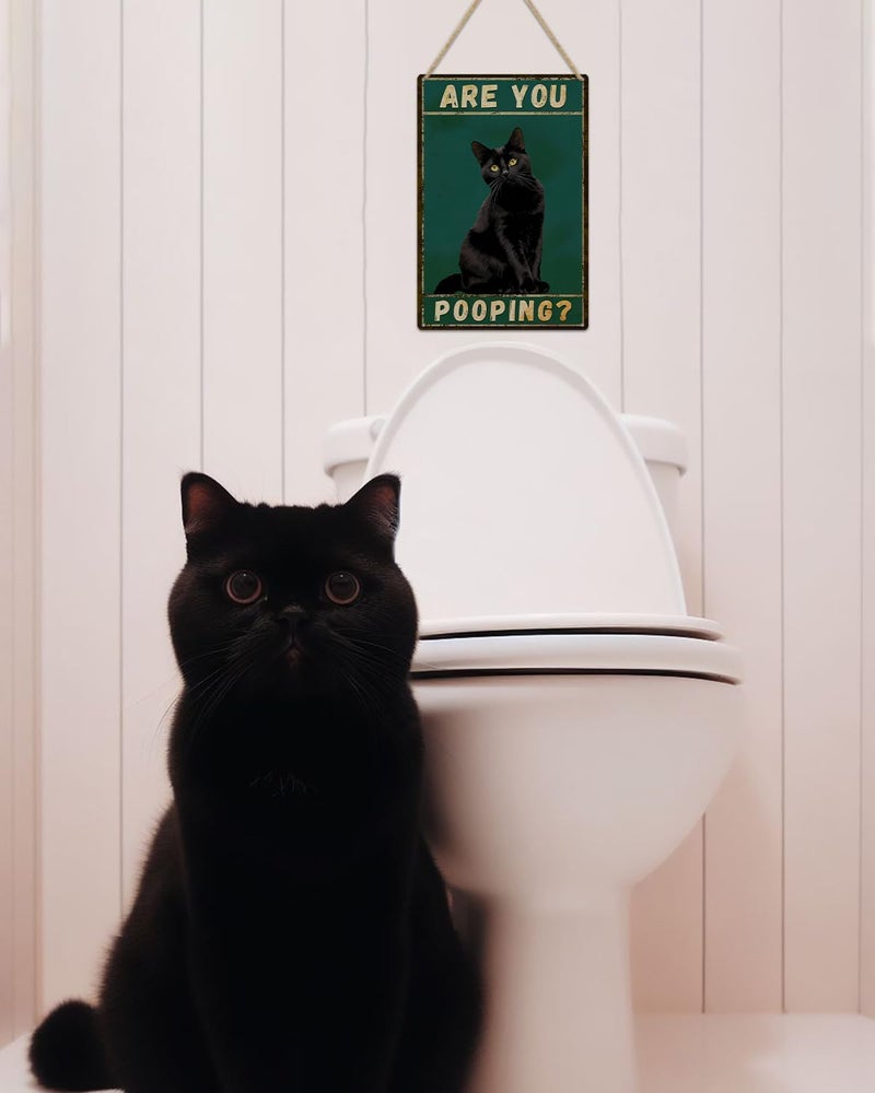 ALKB Funny Black Cat Sign Are You Pooping Metal Signs Black Cat Gift Vintage Bathroom Wall Decor 8 x 12 Inch - Image 2